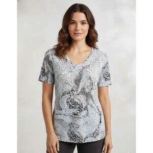 ALK Women's M Calvin Klein Sheer Rose Themed Studded SS V-Neck tee T-Shirt Top